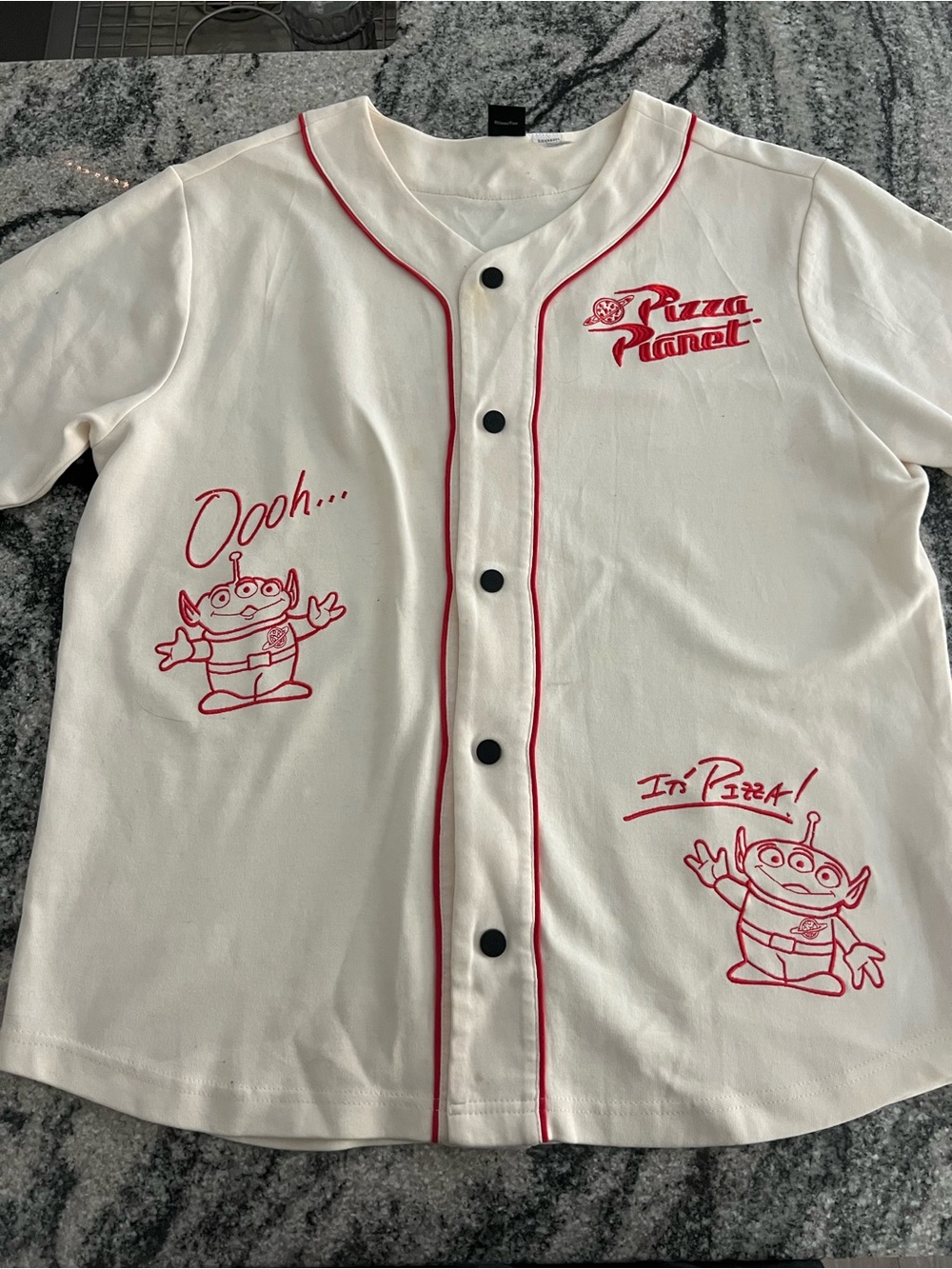 Disney White Baseball Jersey with Red Pizza Planet Graphics